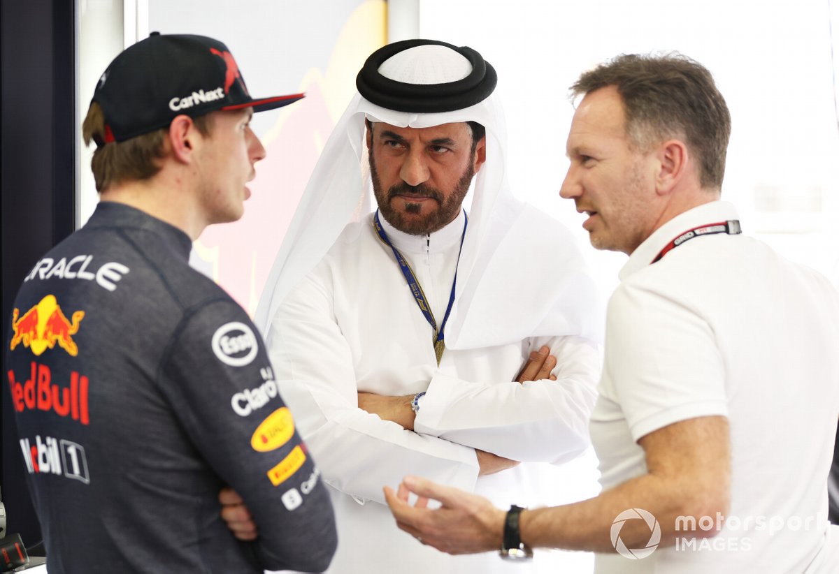 Mohammed ben Sulayem, FIA President, talks with Red Bull Racing Team Principal Christian Horner and Max Verstappen of Red Bull Racing 