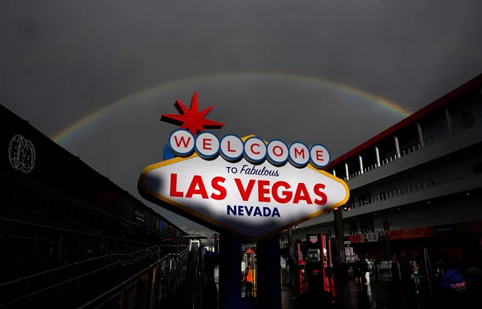 A rainbow above the Welcome to Las Vegas sign