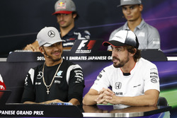 Lewis Hamilton, Mercedes AMG F1 and Fernando Alonso, McLaren in the FIA Press Conference