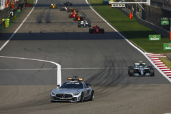 The AMG Mercedes safety-car leads Valtteri Bottas, Mercedes AMG F1 W09, Sebastian Vettel, Ferrari SF71H, Lewis Hamilton, Mercedes AMG F1 W09, and Max Verstappen, Red Bull Racing RB14 Tag Heuer