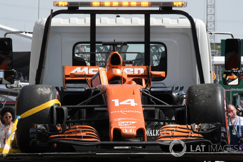 The car of race retiree Fernando Alonso, McLaren MCL32