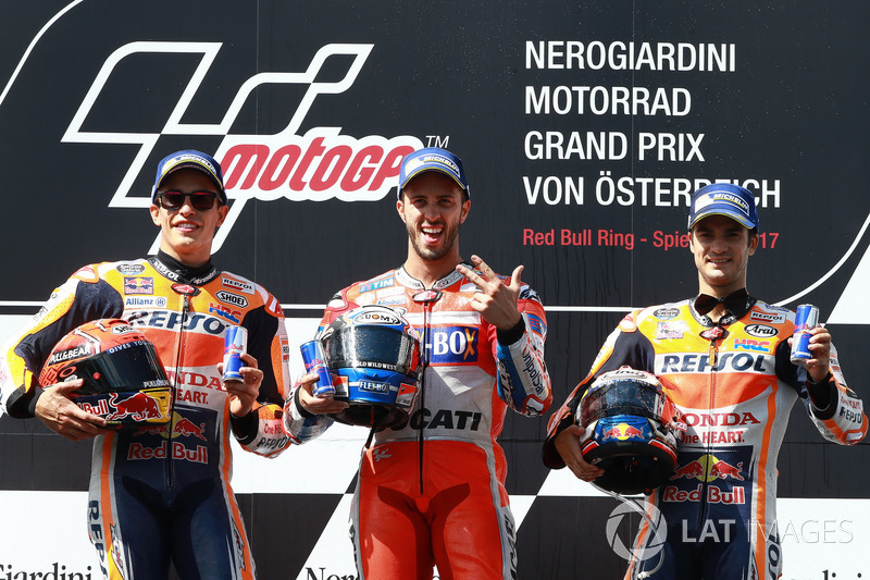 Podio: 1º Andrea Dovizioso, 2º Marc Márquez, 3º Dani Pedrosa