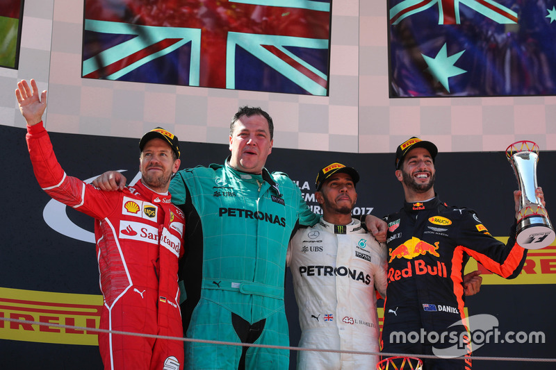 Podium: race winner Lewis Hamilton, Mercedes AMG F1, second place Sebastian Vettel, Ferrari, third place Daniel Ricciardo, Red Bull Racing