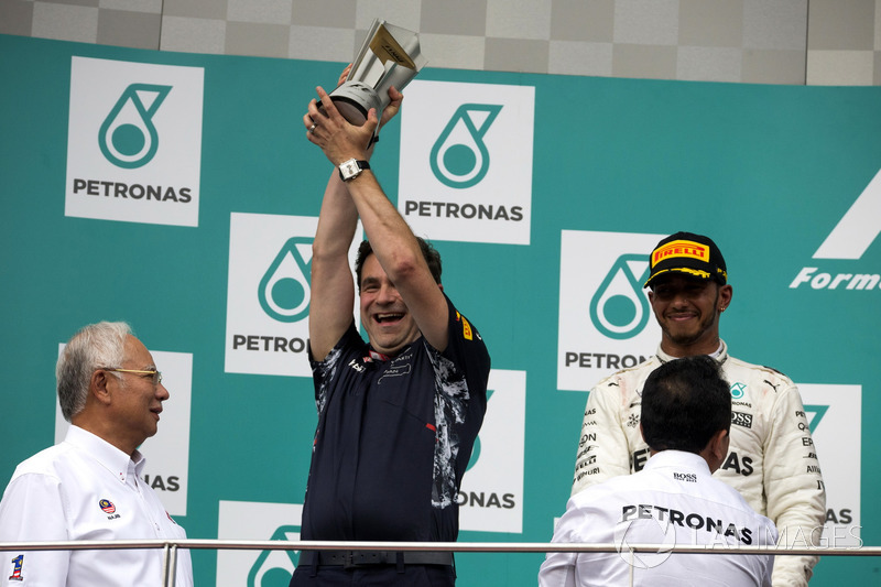 Dan Fallows, Red Bull Racing Head of Aerodynamics celebrates on the podium