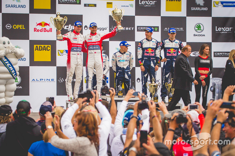 Podio: al secondo posto Andreas Mikkelsen, Anders Jäger, Citroën C3 WRC, Citroën World Rally Team