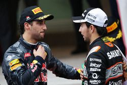 (L to R): Daniel Ricciardo, Red Bull Racing with Sergio Perez, Sahara Force India F1 at the podium