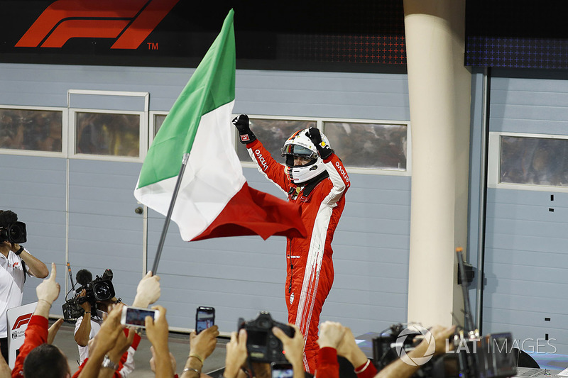 Sebastian Vettel, Ferrari, 1st position, celebrates on arrival in Parc Ferme