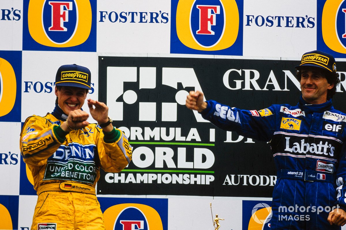 Schumacher and Prost together on the podium for the first time after the 1993 San Marino GP.