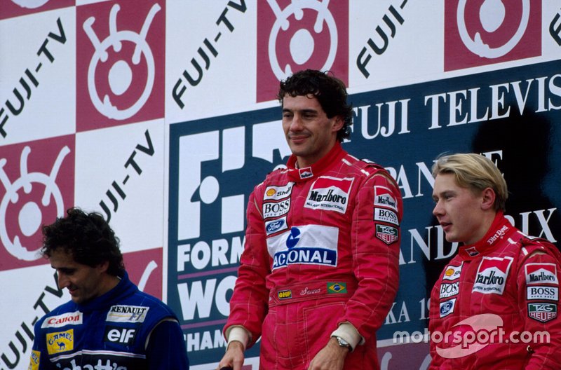 1st: Ayrton Senna McLaren, centre. 2nd: Alain Prost Williams, left. 3rd: Mika Hakkinen McLaren, right.