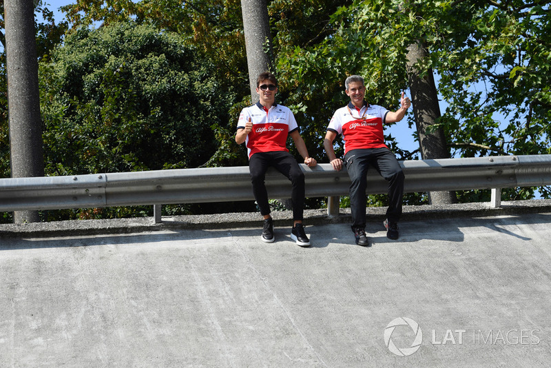 Charles Leclerc, Alfa Romeo Sauber F1 Team and Xevi Pujolar, Alfa Romeo Sauber F1 Team Head of Track Engineering on the Monza banking