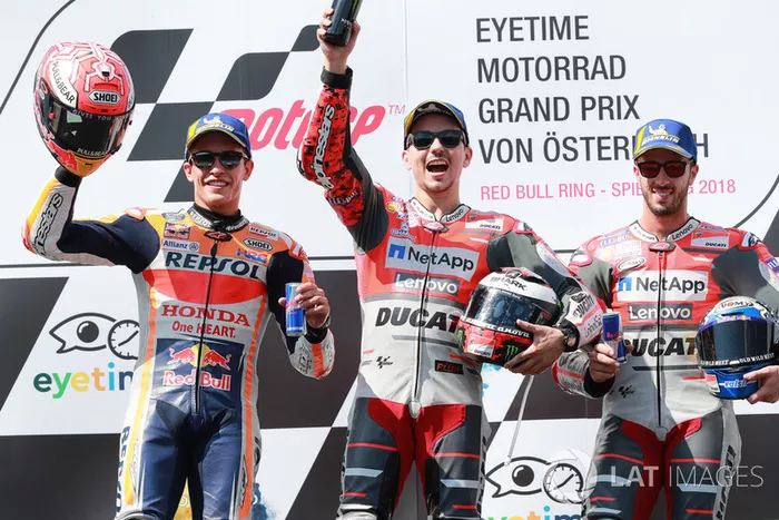Podio: 1º Jorge Lorenzo, Ducati Team, 2º Marc Marquez, Repsol Honda Team, 3º Andrea Dovizioso, Ducati Team
