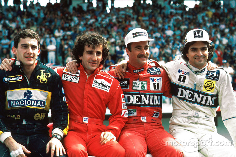 Die Weltmeisterschaftskandidaten 1986, Ayrton Senna, Lotus; Alain Prost, McLaren; Nigel Mansell, Williams; Nelson PIquet, Williams