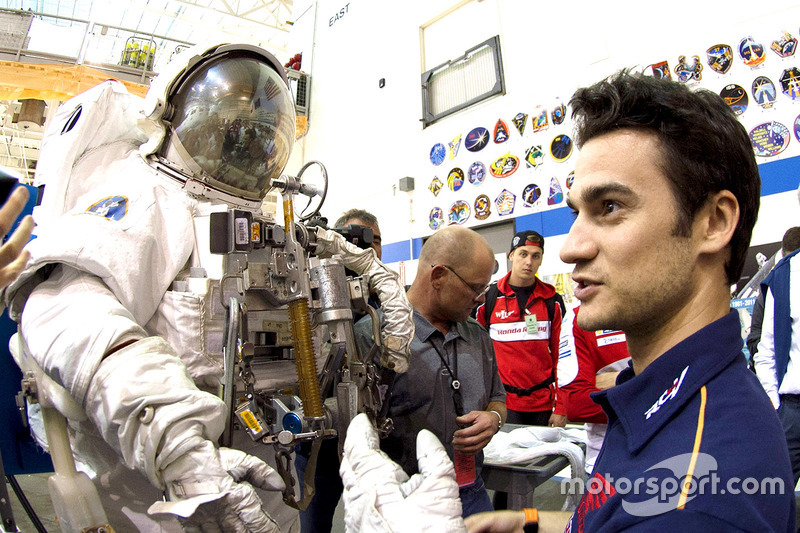 Dani Pedrosa, Repsol Honda Team checks out an astronaut suit during a visit to the NASA Johnson Spac