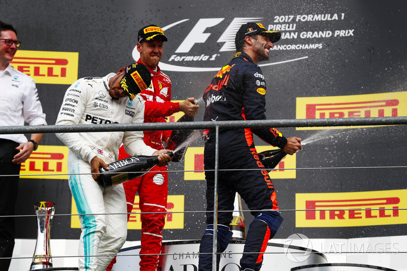 Podium: second place Sebastian Vettel, Ferrari, Race winner Lewis Hamilton, Mercedes AMG F1, third place Daniel Ricciardo, Red Bull Racing