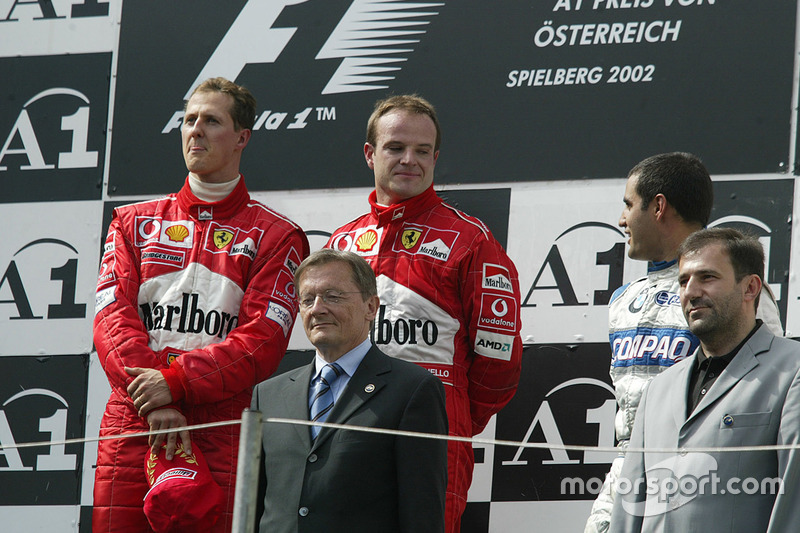 Podium: race winner Michael Schumacher, Ferrari, second place Rubens Barrichello, Ferrari, third pla