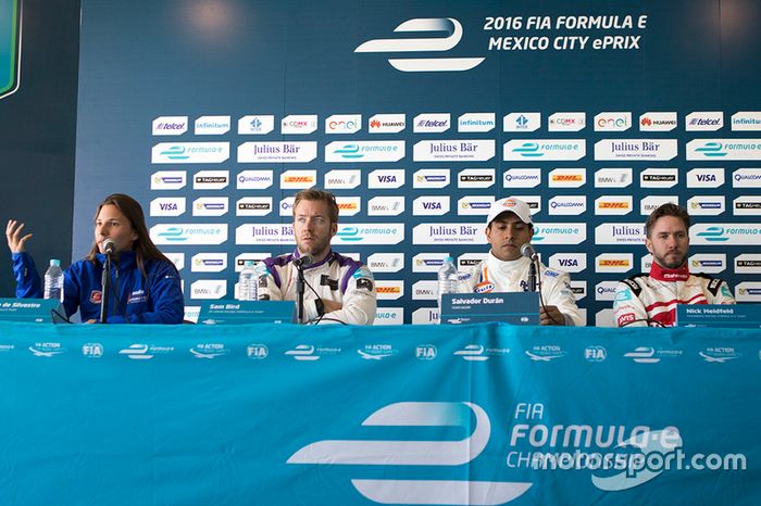 Simona de Silvestro, Amlin Andretti Formula E,Sam Bird, DS Virgin Racing Formula E Team, Salvador Durán, Team Aguri y Nick Heidfeld, Mahindra Racing durante la conferencia de prensa de la Fórmula E