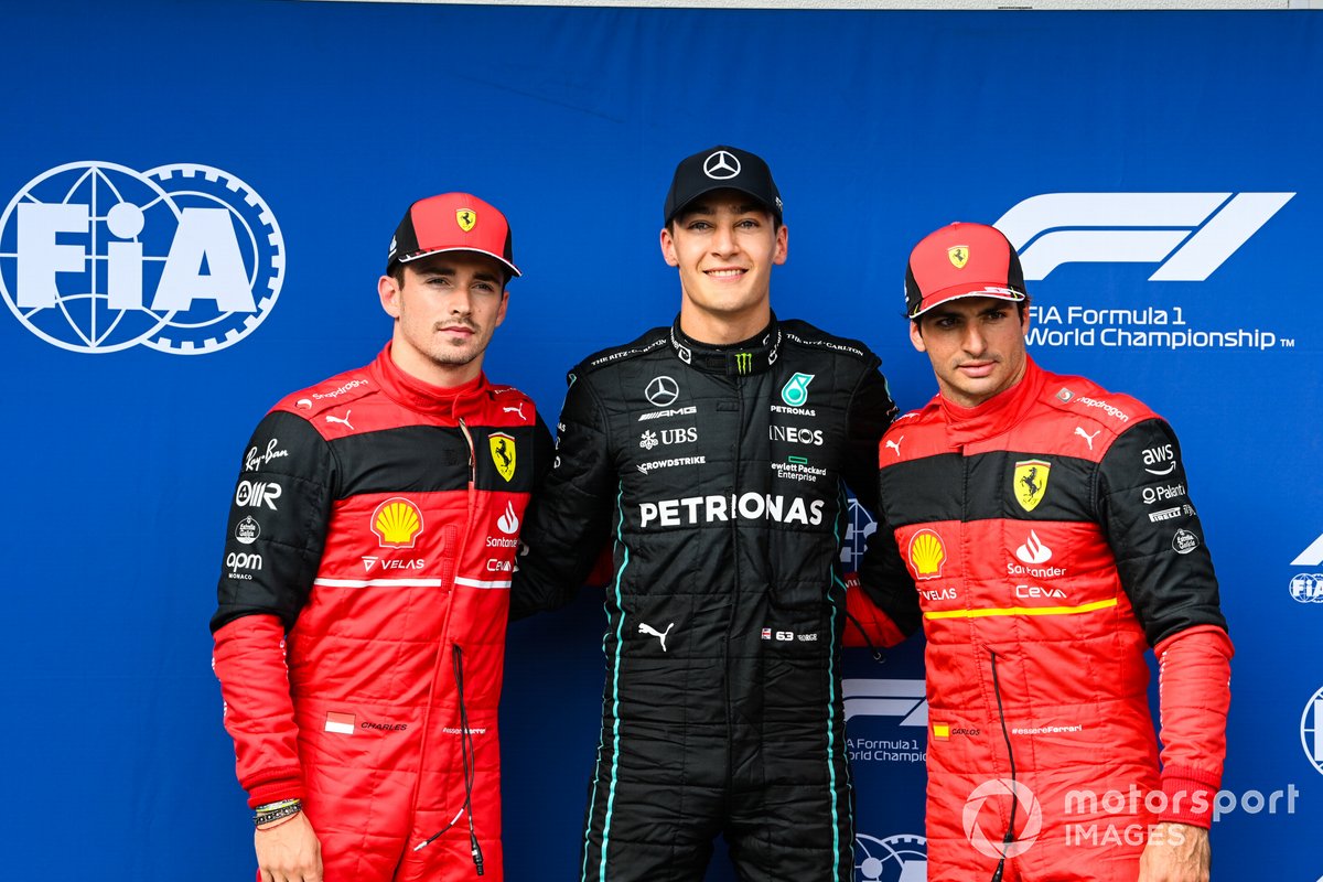 Top three Qualifiers Charles Leclerc, Ferrari, pole man George Russell, Mercedes-AMG, Carlos Sainz, Ferrari