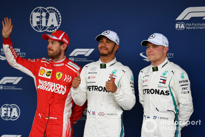 Sebastian Vettel, Ferrari, Lewis Hamilton, Mercedes AMG F1 y Valtteri Bottas, Mercedes AMG F1 en Parc Ferme