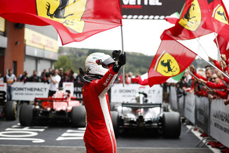 Sebastian Vettel, Ferrari, celebrates victory in parc ferme