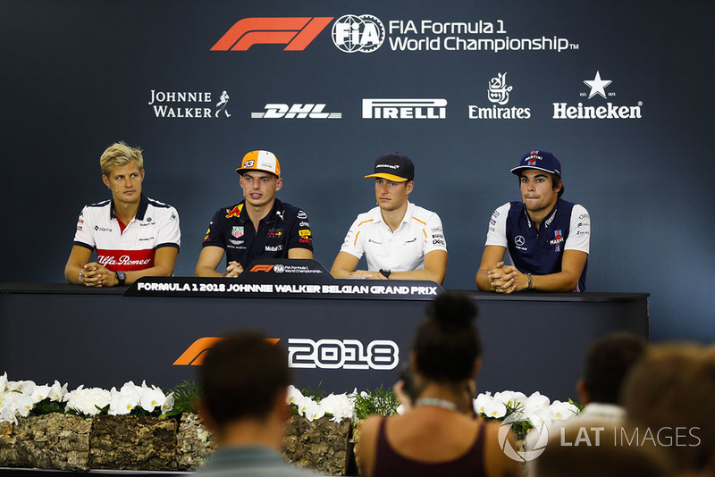 Marcus Ericsson, Sauber, Max Verstappen, Red Bull Racing, Stoffel Vandoorne, McLaren, et Lance Stroll, Williams Racing, en conférence de presse