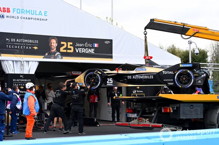 El coche accidentado de Jean-Eric Vergne, DS Techeetah, DS E-Tense FE21
