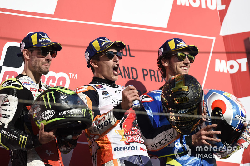 Podium:race winner Marc Marquez, Repsol Honda Team, second place Cal Crutchlow, Team LCR Honda, third place Alex Rins, Team Suzuki MotoGP