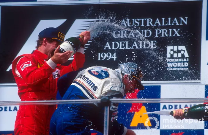 Podium : le vainqueur Nigel Mansell, Williams, Gerhard Berger, Ferrari