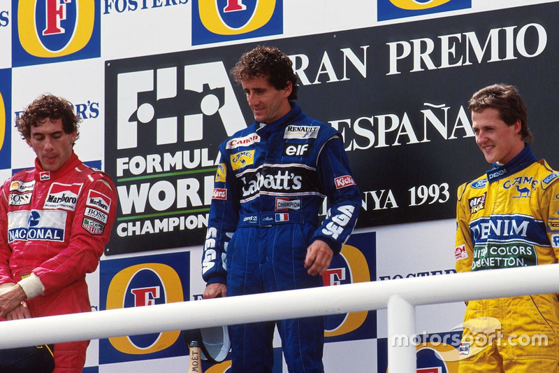 Podium: race winner Alain Prost, Williams, Ayrton Senna, McLaren, Michael Schumacher, Benetton