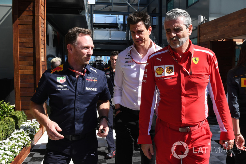 Christian Horner, Red Bull Racing Team Principal, Toto Wolff, Mercedes AMG F1 Director of Motorsport and Maurizio Arrivabene, Ferrari Team Principal