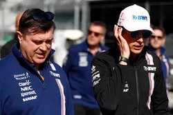 Esteban Ocon, Force India, conducts a track walk with colleagues