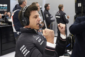 Toto Wolff, Executive Director (Business), Mercedes AMG, celebrates as Lewis Hamilton, Mercedes AMG F1, takes pole