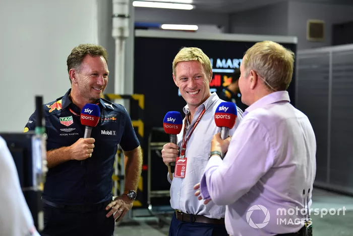 Christian Horner, Red Bull Racing Team Principal. Simon Lazenby, Sky TV y Martin Brundle, Sky TV 