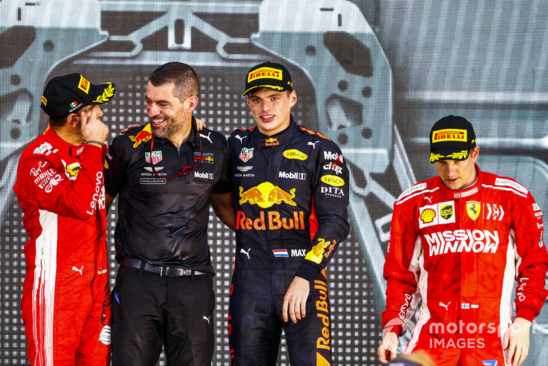 Sebastian Vettel, Ferrari, 2nd position, Guillaume Rocquelin, Head of Race Engineering, Red Bull Racing, Max Verstappen, Red Bull Racing, 1st position, and Kimi Raikkonen, Ferrari, 3rd position, on the podium