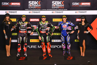 Polesitter Tom Sykes, Kawasaki Racing, 2. Jonathan Rea, Kawasaki Racing, 3. Alex Lowes, Pata Yamaha