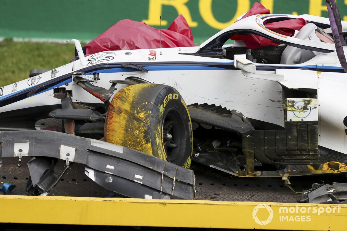 The damaged car of George Russell, Williams FW43, on a truck