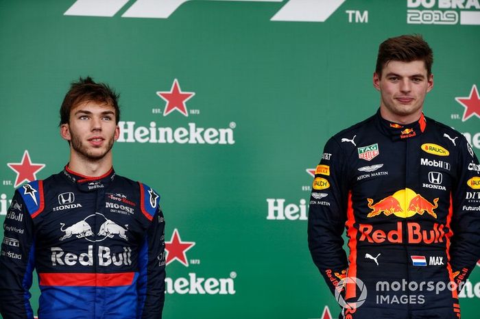 Pierre Gasly, Toro Rosso, 2nd position, and Max Verstappen, Red Bull Racing, 1st position, on the podium