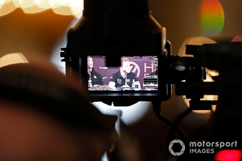 Kevin Magnussen, Haas F1 Team in the Press Conference through a camera