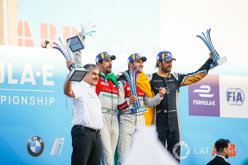 Jean-Eric Vergne, Techeetah, places 3rd, Lucas di Grassi, Audi Sport ABT Schaeffler, places 2nd, Daniel Abt, Audi Sport ABT Schaeffler, wins the Berlin ePrix