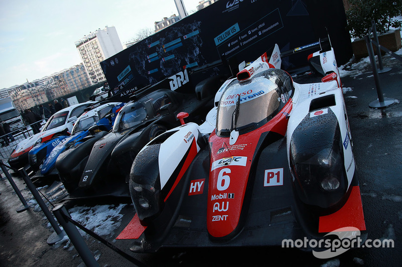 WEC cars on display in the snow in Paris