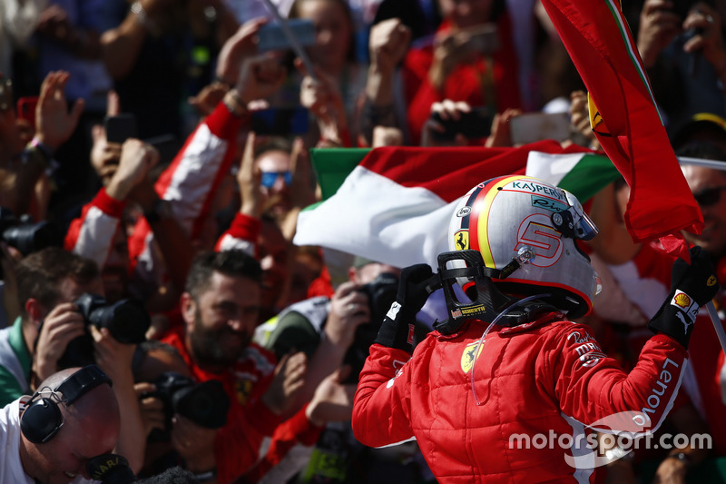 Sebastian Vettel, Ferrari, celebrates in Parc Ferme