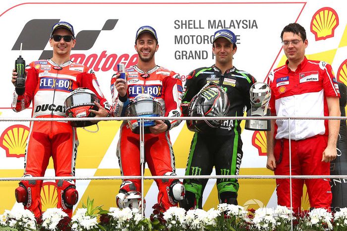 Podium: race winner Andrea Dovizioso, Ducati Team, second place Jorge Lorenzo, Ducati Team, third place Johann Zarco, Monster Yamaha Tech 3