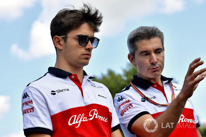 Charles Leclerc, Sauber walks the track with Xevi Pujolar, Sauber Head of Track Engineering