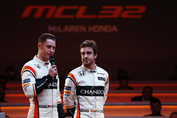 Race drivers Stoffel Vandoorne and Fernando Alonso on stage at the launch of the McLaren MCL32