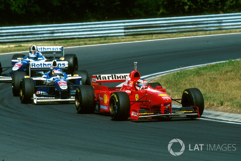 Michael Schumacher, Ferrari F310B, Jacques Villeneuve, Williams F19, Heinz-Harald Frentzen, Williams