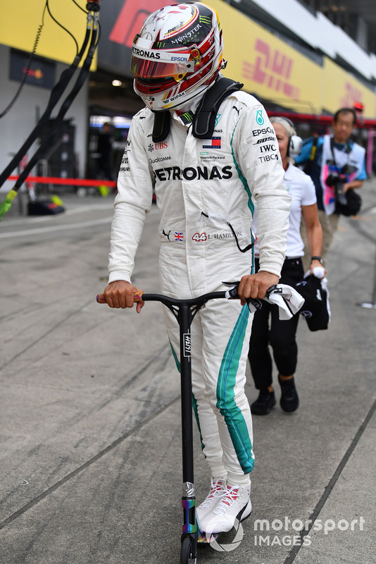 Lewis Hamilton, Mercedes AMG F1 on a scooter