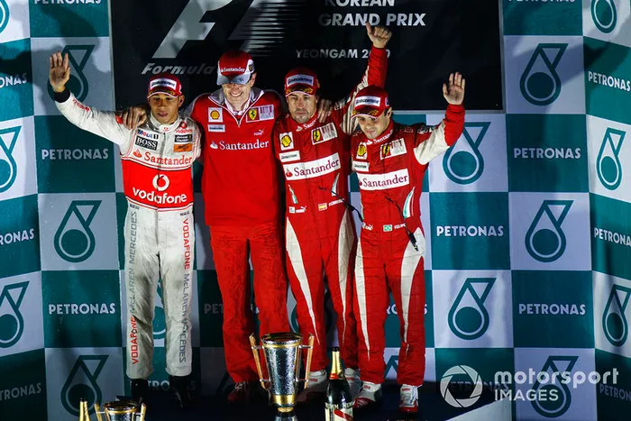 Lewis Hamilton, McLaren MP4-25 Mercedes, Chris Dyer, Race Engineer, Ferrari, Fernando Alonso, Ferrari F10, Felipe Massa, Ferrari F10, on the podium