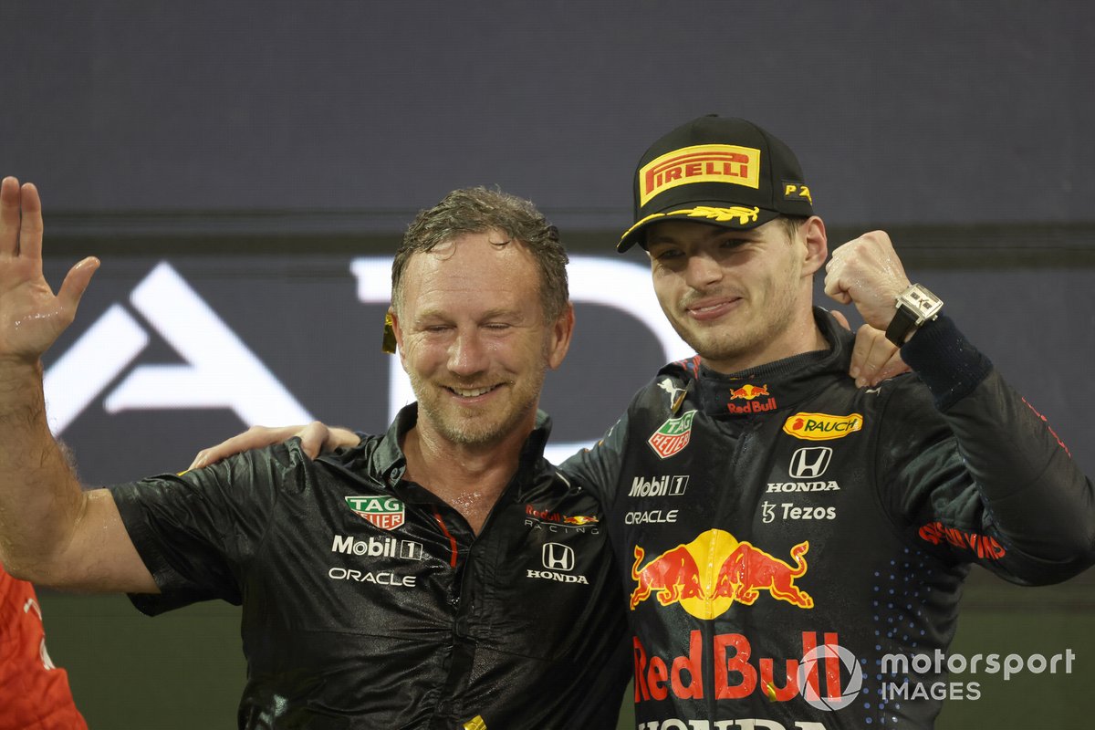 Christian Horner, Team Principal, Red Bull Racing, Max Verstappen, Red Bull Racing, 1st position, celebrate on the podium