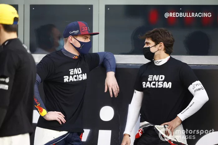 Max Verstappen, Red Bull Racing, Pietro Fittipaldi, Haas F1, en apoyo al movimiento de fin al racismo