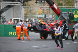 The crashed car of Max Verstappen, Red Bull Racing RB14 is recovered