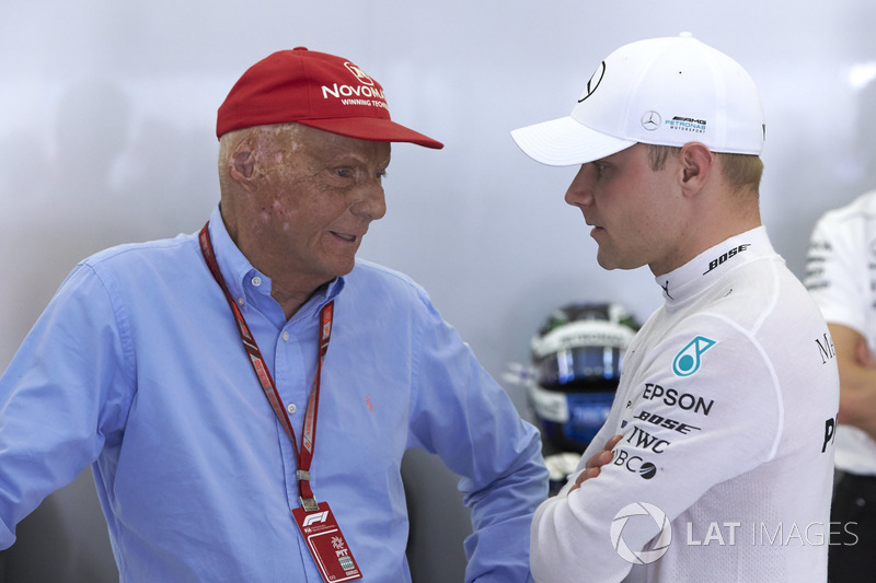 Niki Lauda, Non-Executive Chairman, Mercedes AMG, with Valtteri Bottas, Mercedes AMG F1